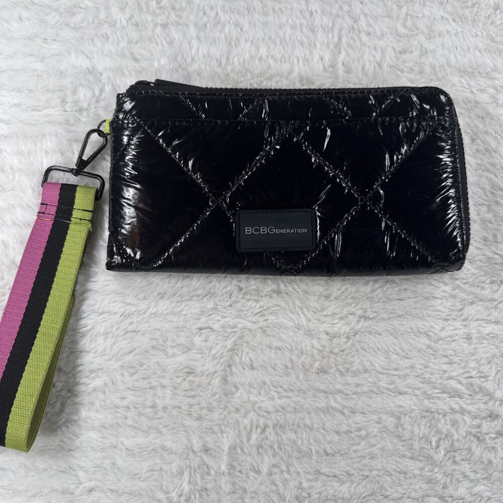 BCBG Black Shiny Quilted Puffer Wristlet Bag Wallet Pink Green Strap